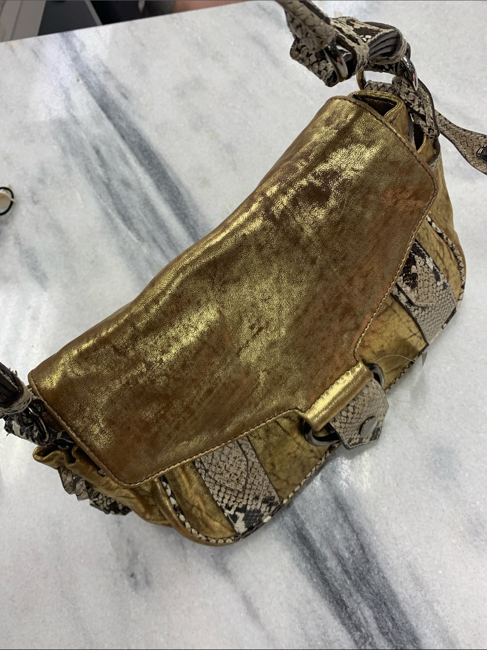 Miu Miu Gold Metallic Shoulder Bag with Snake-Print Trim